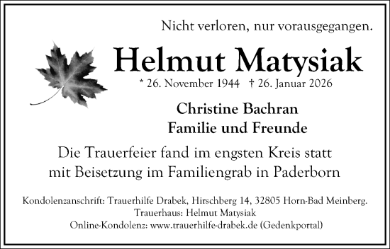 Anzeige  Helmut Matysiak  Lippische Landes-Zeitung