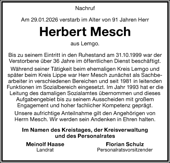 Anzeige  Herbert Mesch  Lippische Landes-Zeitung