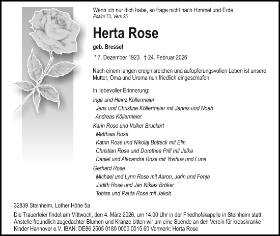 Anzeige  Herta Rose  Lippische Landes-Zeitung