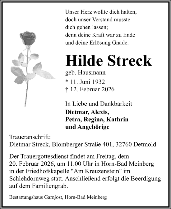 Anzeige  Hilde Streck  Lippische Landes-Zeitung