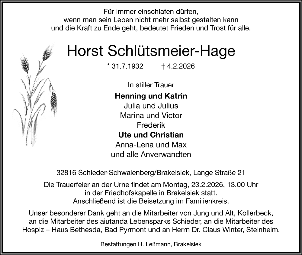  Traueranzeige für Horst Schlütsmeier-Hage vom 14.02.2026 aus Lippische Landes-Zeitung