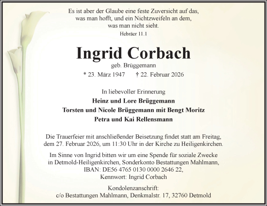 Anzeige  Ingrid Corbach  Lippische Landes-Zeitung