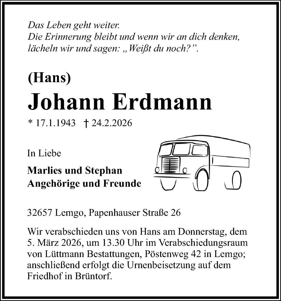  Traueranzeige für Johann Erdmann vom 28.02.2026 aus Lippische Landes-Zeitung