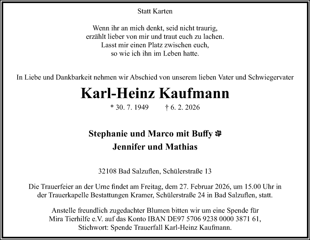  Traueranzeige für Karl-Heinz Kaufmann vom 14.02.2026 aus Lippische Landes-Zeitung