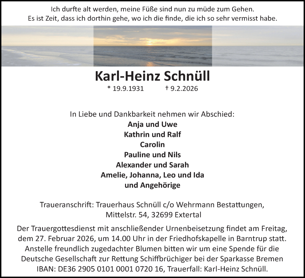  Traueranzeige für Karl-Heinz Schnüll vom 21.02.2026 aus Lippische Landes-Zeitung