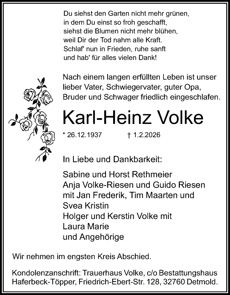  Traueranzeige für Karl-Heinz Volke vom 07.02.2026 aus Lippische Landes-Zeitung
