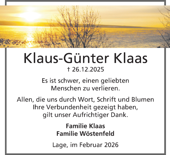 Anzeige  Klaus-Günter Klaas  Lippische Landes-Zeitung