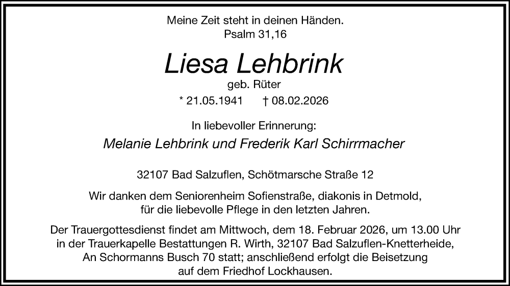  Traueranzeige für Liesa Lehbrink vom 11.02.2026 aus Lippische Landes-Zeitung