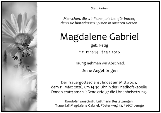 Anzeige  Magdalene Gabriel  Lippische Landes-Zeitung