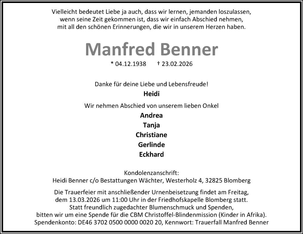  Traueranzeige für Manfred Benner vom 28.02.2026 aus Lippische Landes-Zeitung
