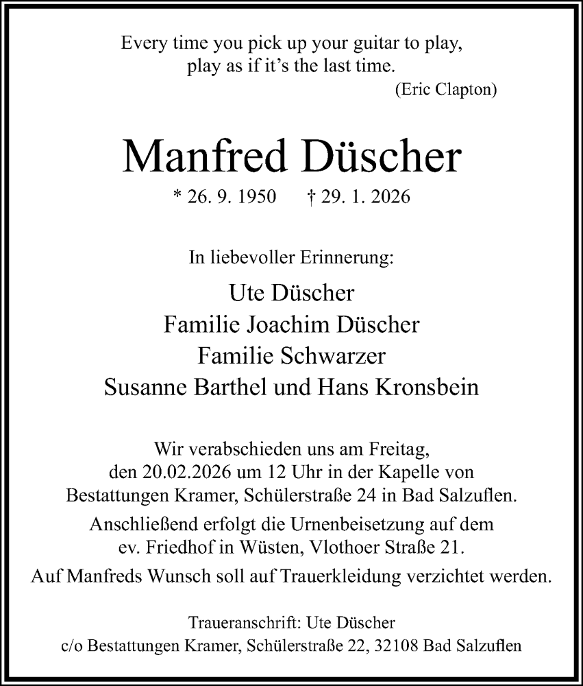  Traueranzeige für Manfred Düscher vom 07.02.2026 aus Lippische Landes-Zeitung