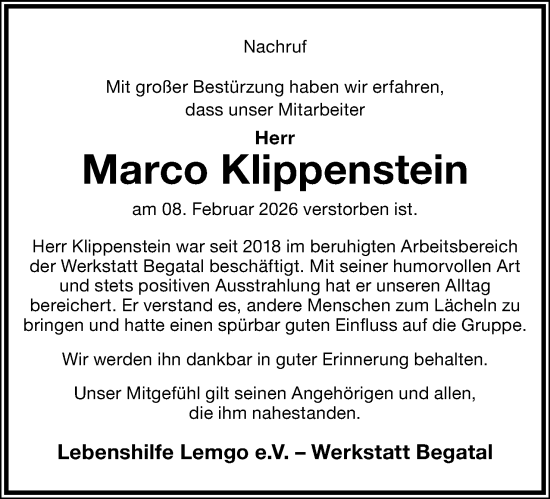 Anzeige  Marco Klippenstein  Lippische Landes-Zeitung