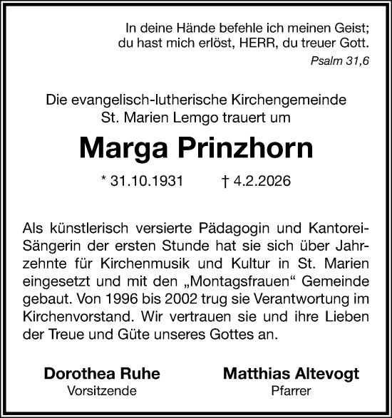 Anzeige  Marga Prinzhorn  Lippische Landes-Zeitung