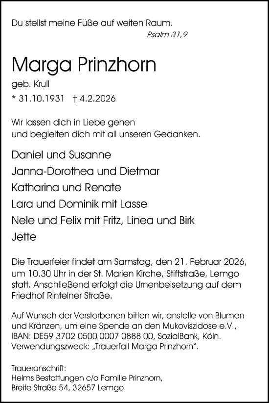 Anzeige  Marga Prinzhorn  Lippische Landes-Zeitung