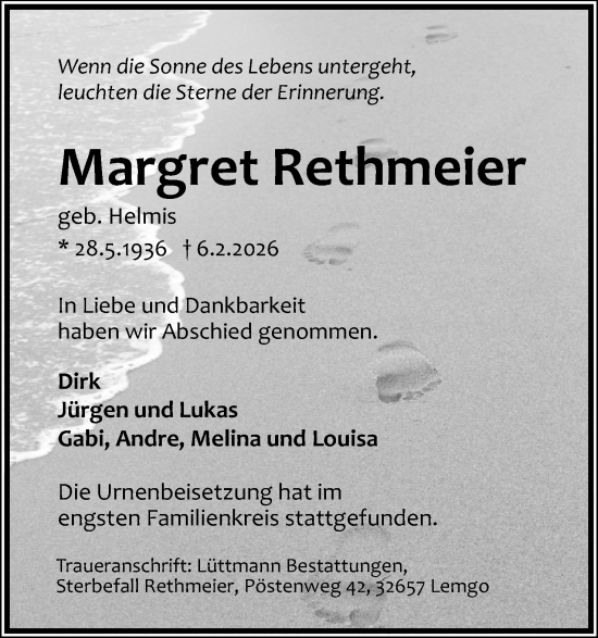 Anzeige  Margret Rethmeier  Lippische Landes-Zeitung