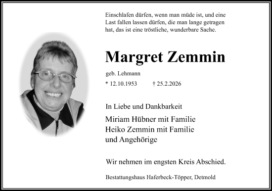 Anzeige  Margret Zemmin  Lippische Landes-Zeitung