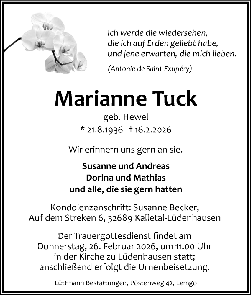  Traueranzeige für Marianne Tuck vom 21.02.2026 aus Lippische Landes-Zeitung
