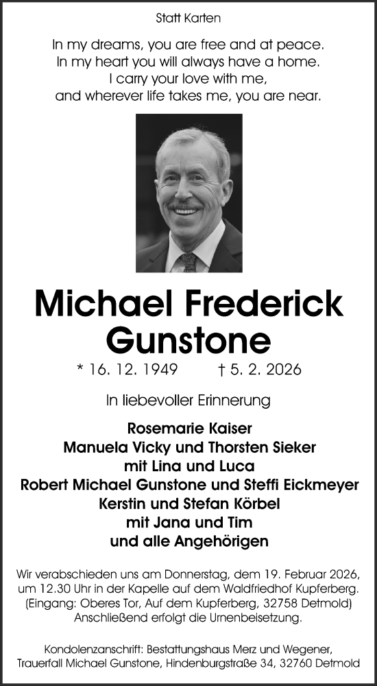  Traueranzeige für Michael Frederick Gunstone vom 14.02.2026 aus Lippische Landes-Zeitung