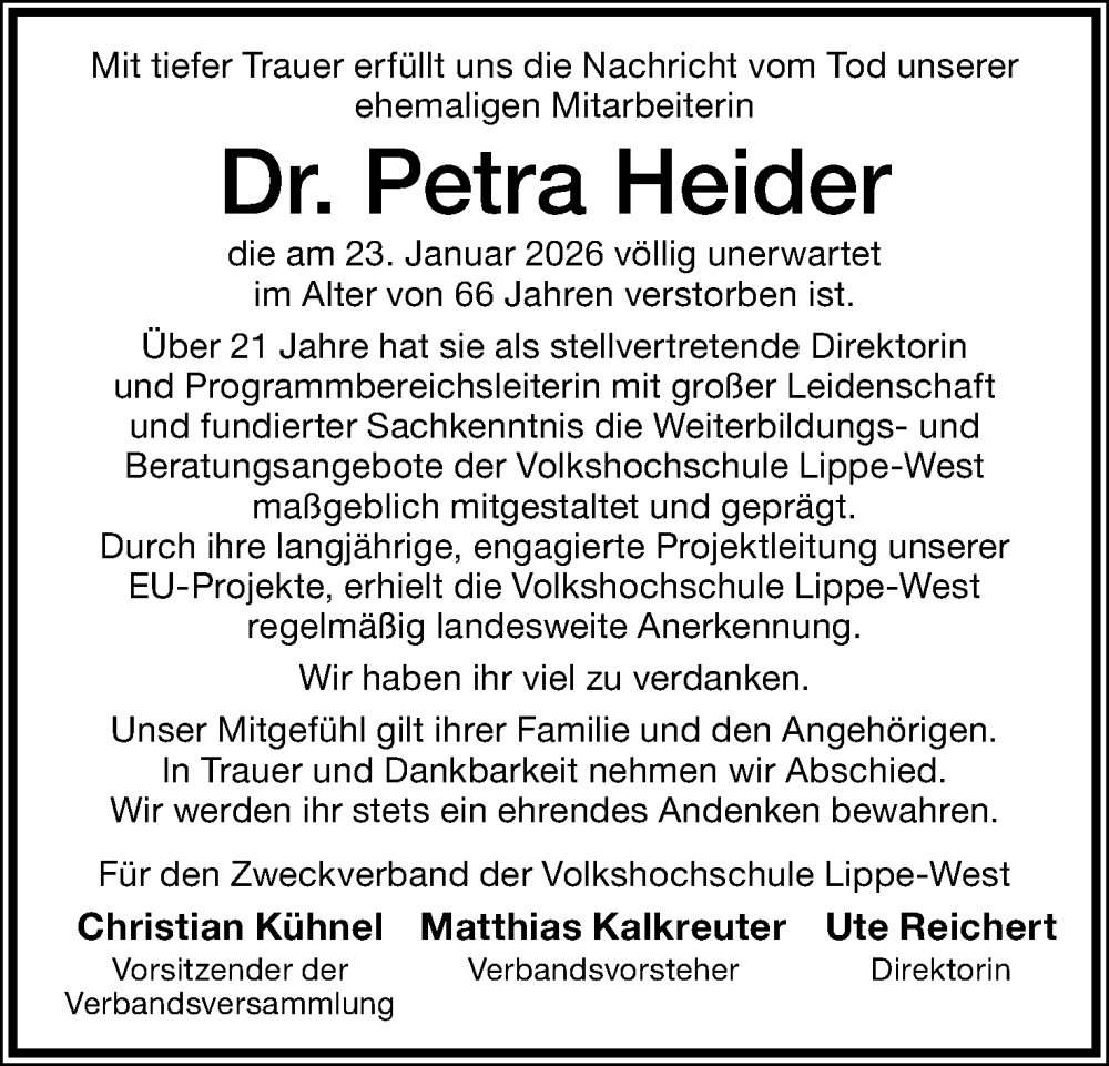  Traueranzeige für Petra Heider vom 07.02.2026 aus Lippische Landes-Zeitung
