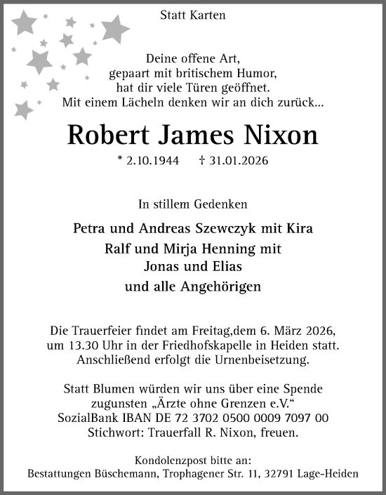 Anzeige  Robert James Nixon  Lippische Landes-Zeitung
