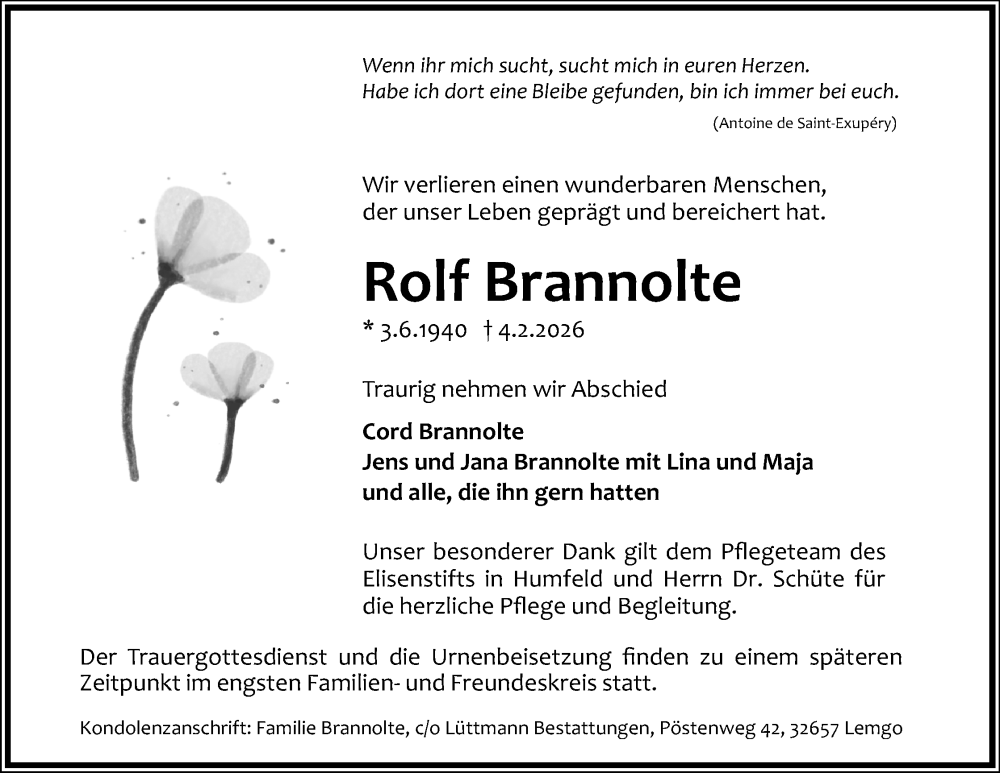  Traueranzeige für Rolf Brannolte vom 07.02.2026 aus Lippische Landes-Zeitung