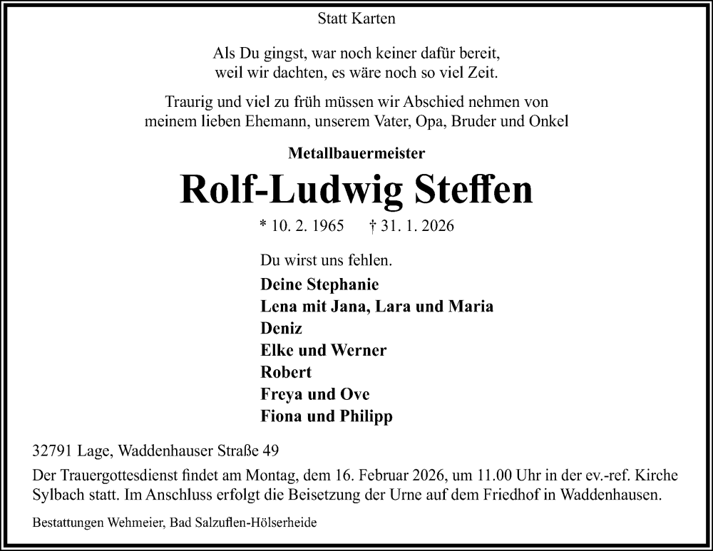  Traueranzeige für Rolf-Ludwig Steffen vom 07.02.2026 aus Lippische Landes-Zeitung