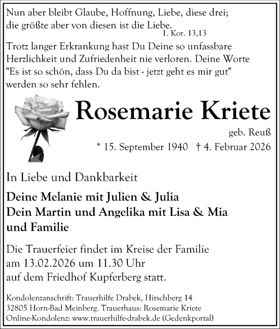 Anzeige  Rosemarie Kriete  Lippische Landes-Zeitung