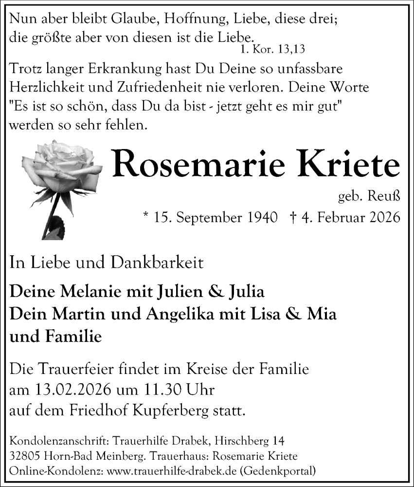  Traueranzeige für Rosemarie Kriete vom 07.02.2026 aus Lippische Landes-Zeitung
