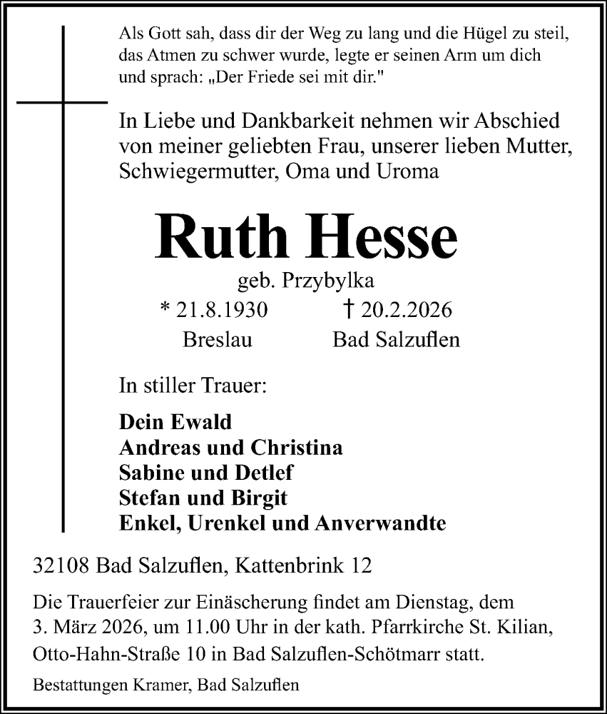  Traueranzeige für Ruth Hesse vom 28.02.2026 aus Lippische Landes-Zeitung