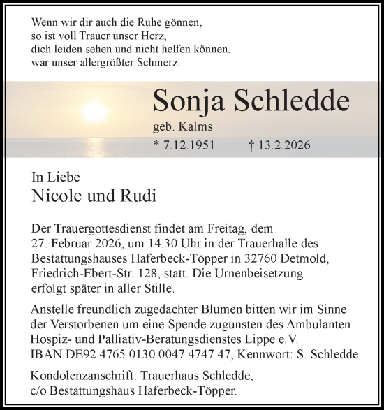 Anzeige  Sonja Schledde  Lippische Landes-Zeitung