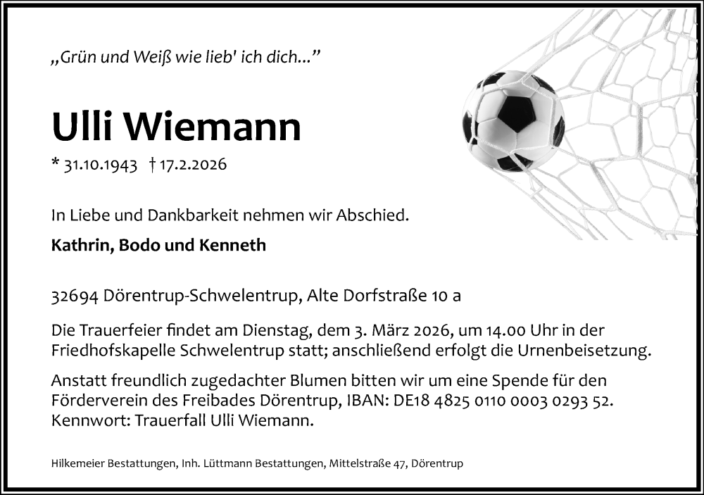 Traueranzeige für Ulli Wiemann vom 21.02.2026 aus Lippische Landes-Zeitung