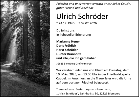 Anzeige  Ulrich Schröder  Lippische Landes-Zeitung