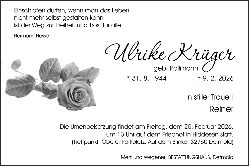  Traueranzeige für Ulrike Krüger vom 14.02.2026 aus Lippische Landes-Zeitung