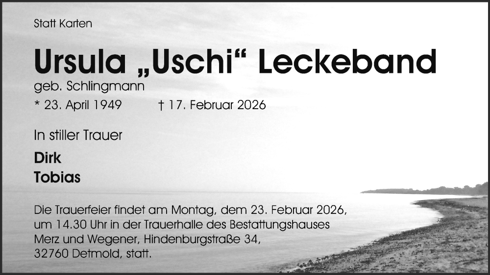  Traueranzeige für Ursula Leckeband vom 21.02.2026 aus Lippische Landes-Zeitung
