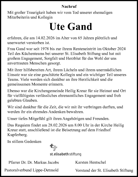 Anzeige  Ute Gand  Lippische Landes-Zeitung