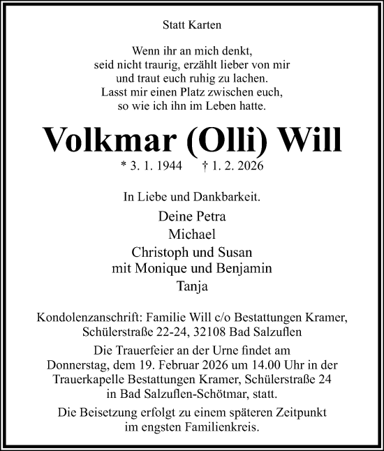 Anzeige  Volkmar Will  Lippische Landes-Zeitung