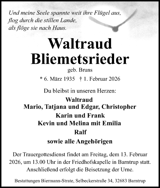 Anzeige  Waltraud Bliemetsrieder  Lippische Landes-Zeitung