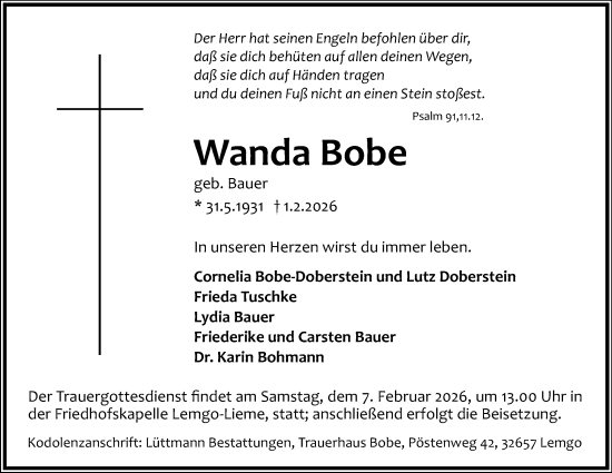 Anzeige  Wanda Bobe  Lippische Landes-Zeitung