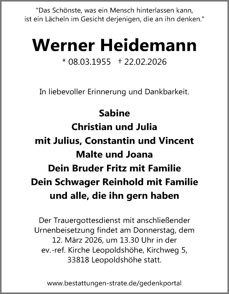  Traueranzeige für Werner Heidemann vom 28.02.2026 aus Lippische Landes-Zeitung