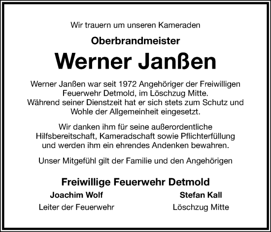 Anzeige  Werner Janßen  Lippische Landes-Zeitung