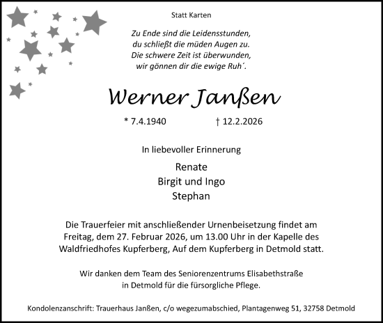 Anzeige  Werner Janßen  Lippische Landes-Zeitung