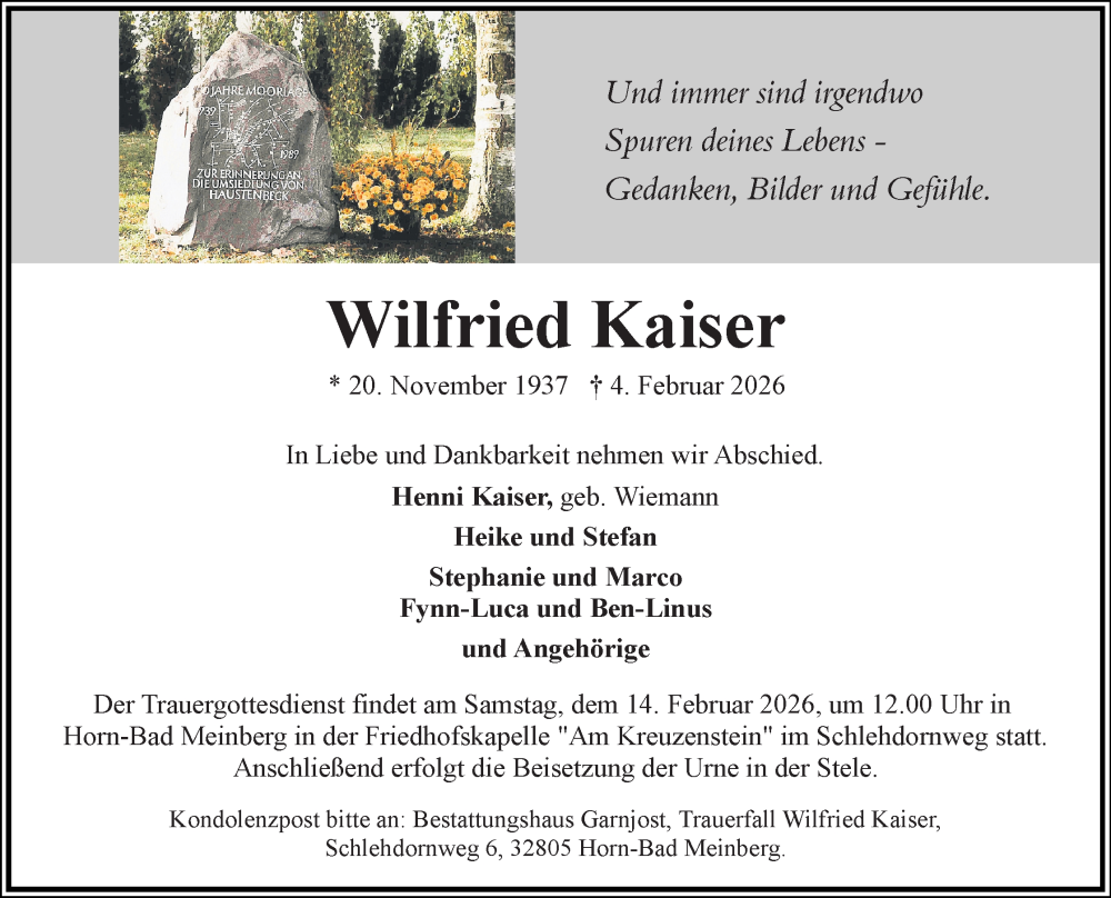  Traueranzeige für Wilfried Kaiser vom 07.02.2026 aus Lippische Landes-Zeitung