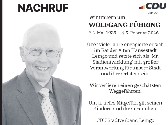 Anzeige  Wolfgang Führing  Lippische Landes-Zeitung
