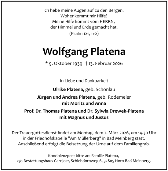Anzeige  Wolfgang Platena  Lippische Landes-Zeitung
