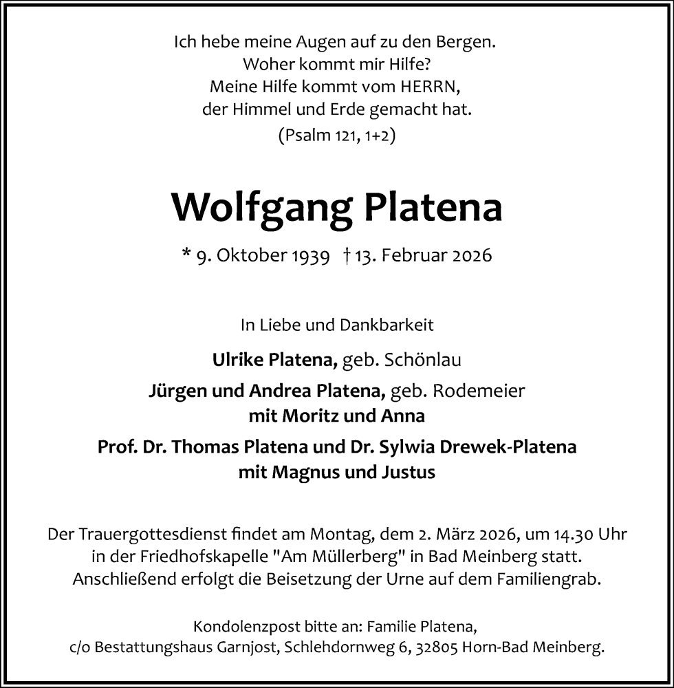  Traueranzeige für Wolfgang Platena vom 21.02.2026 aus Lippische Landes-Zeitung