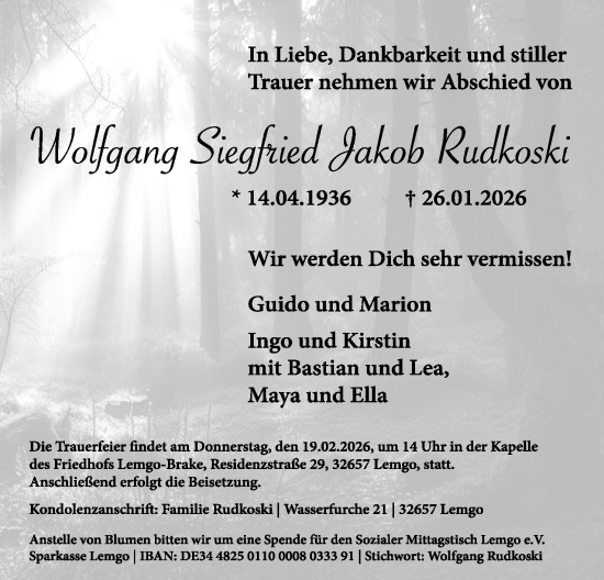 Anzeige  Wolfgang Siegfried Jakob Rudkoski  Lippische Landes-Zeitung